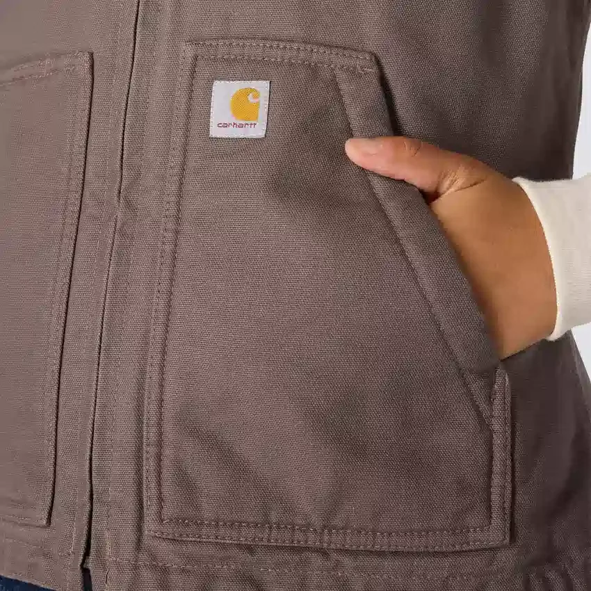 Colete feminino de algodão duck lavado com forro de sherpa e gola alta