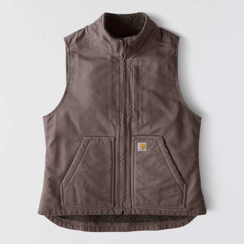 Colete feminino de algodão duck lavado com forro de sherpa e gola alta