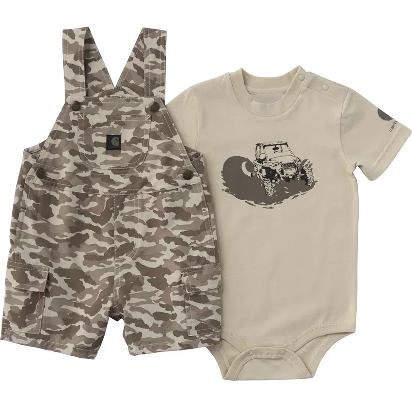 Conjunto de 2 peças para meninos: body com manguitos curtos e calções com bolsos cargo camuflados (bebé)