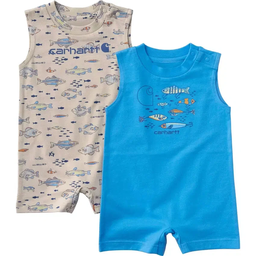 Conjunto de 2 peças para meninos: macacão sem mangas com padrão de peixes (bebé)