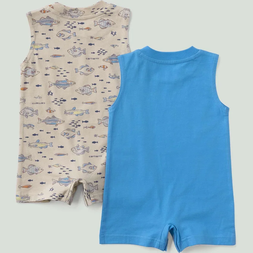 Conjunto de 2 peças para meninos: macacão sem mangas com padrão de peixes (bebé)