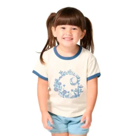T-shirt de manguitos curtos com estampa floral «C» e gola com anel para meninas (Criança/Bebé/Jovem)
