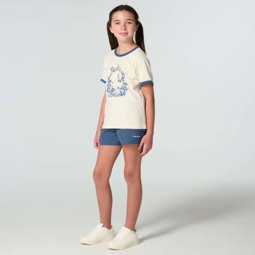 T-shirt de manguitos curtos com estampa floral «C» e gola com anel para meninas (Criança/Bebé/Jovem)