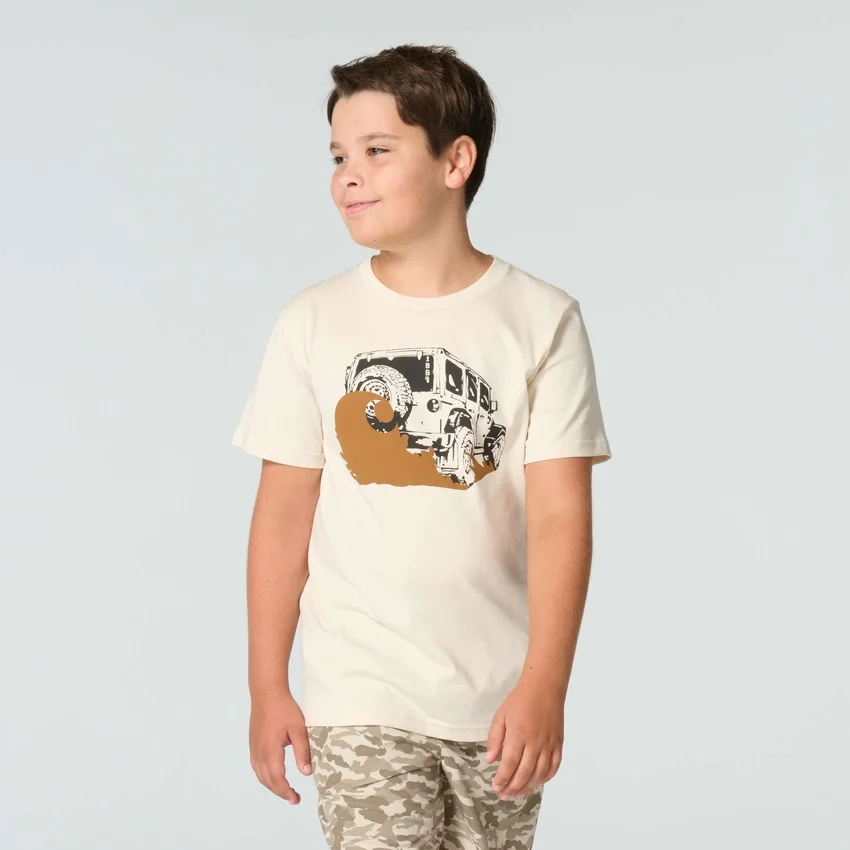 T-shirt de manguitos curtos com motivos de veículos para rapazes (crianças/bebés/jovens)