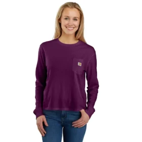 T-shirt feminina de manguitos longos com gola redonda e bolso, em Tencel