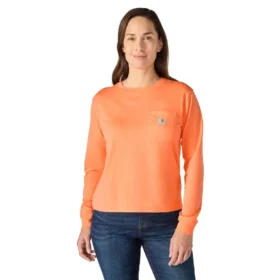 T-shirt feminina de manguitos longos com gola redonda e bolso, em Tencel