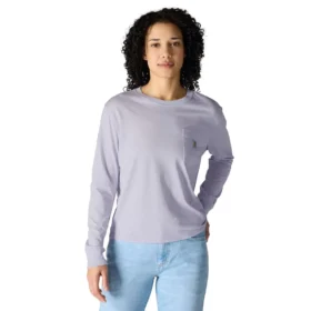 T-shirt feminina de manguitos longos com gola redonda e bolso, em Tencel
