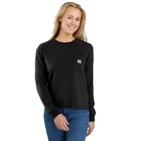 T-shirt feminina de manguitos longos com gola redonda e bolso, em Tencel