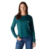 T-shirt feminina de manguitos longos com gola redonda e bolso, em Tencel