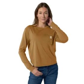 T-shirt feminina de manguitos longos com gola redonda e bolso, em Tencel