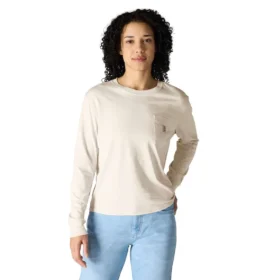 T-shirt feminina de manguitos longos com gola redonda e bolso, em Tencel