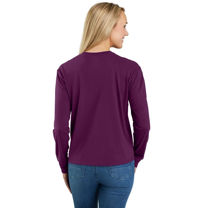 T-shirt feminina de manguitos longos com gola redonda e bolso, em Tencel