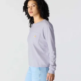 T-shirt feminina de manguitos longos com gola redonda e bolso, em Tencel