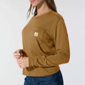 T-shirt feminina de manguitos longos com gola redonda e bolso, em Tencel