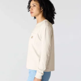 T-shirt feminina de manguitos longos com gola redonda e bolso, em Tencel