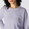 T-shirt feminina de manguitos longos com gola redonda e bolso, em Tencel