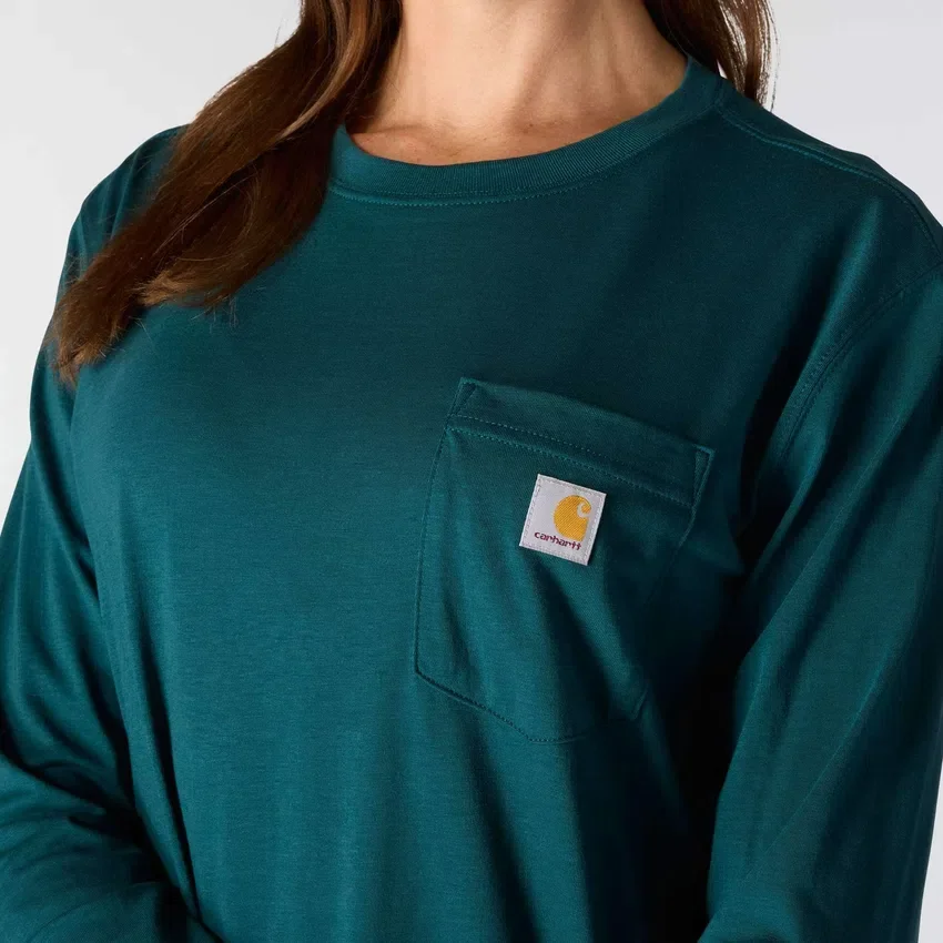 T-shirt feminina de manguitos longos com gola redonda e bolso, em Tencel
