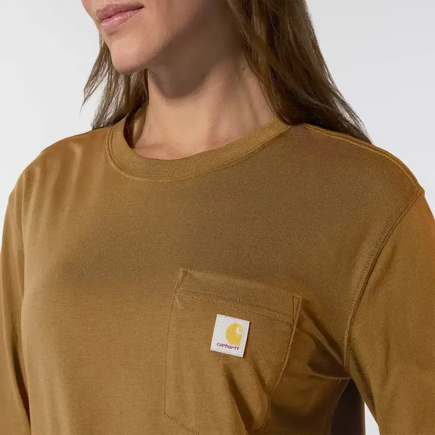 T-shirt feminina de manguitos longos com gola redonda e bolso, em Tencel