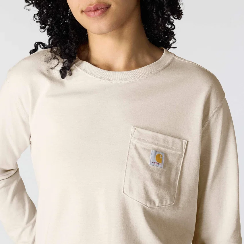 T-shirt feminina de manguitos longos com gola redonda e bolso, em Tencel