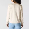 T-shirt feminina de manguitos longos com gola redonda e bolso, em Tencel