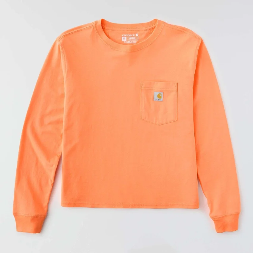 T-shirt feminina de manguitos longos com gola redonda e bolso, em Tencel