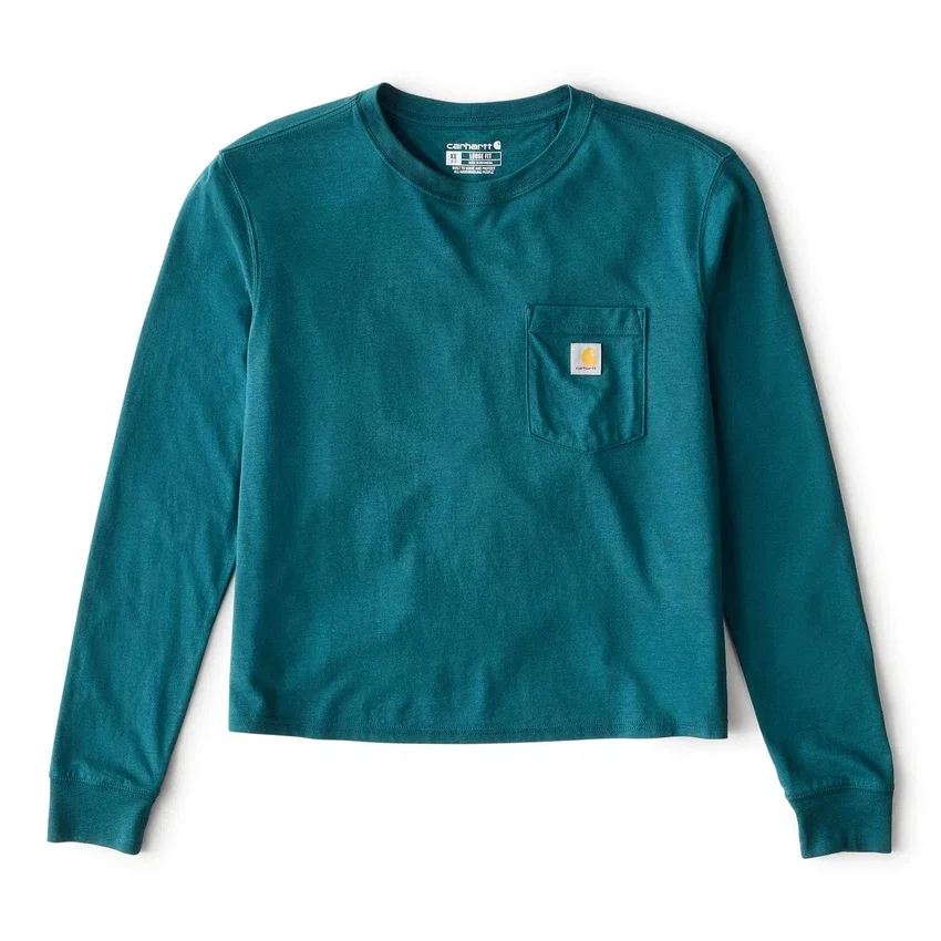 T-shirt feminina de manguitos longos com gola redonda e bolso, em Tencel