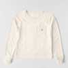 T-shirt feminina de manguitos longos com gola redonda e bolso, em Tencel
