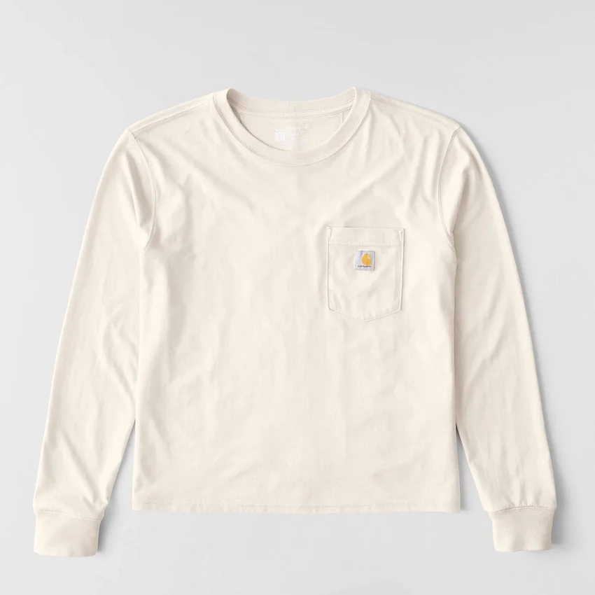 T-shirt feminina de manguitos longos com gola redonda e bolso, em Tencel
