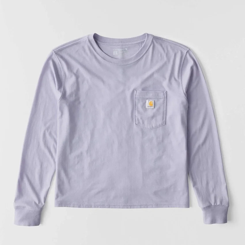 T-shirt feminina de manguitos longos com gola redonda e bolso, em Tencel