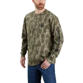 T-shirt masculina Dearborn de corte largo, tecido pesado, manguitos longos e padrão camuflado com bolsos - 100% algodão