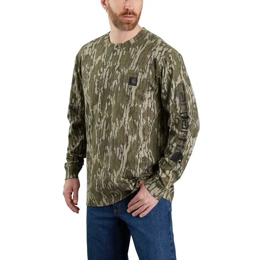 T-shirt masculina Dearborn de corte largo, tecido pesado, manguitos longos e padrão camuflado com bolsos - 100% algodão