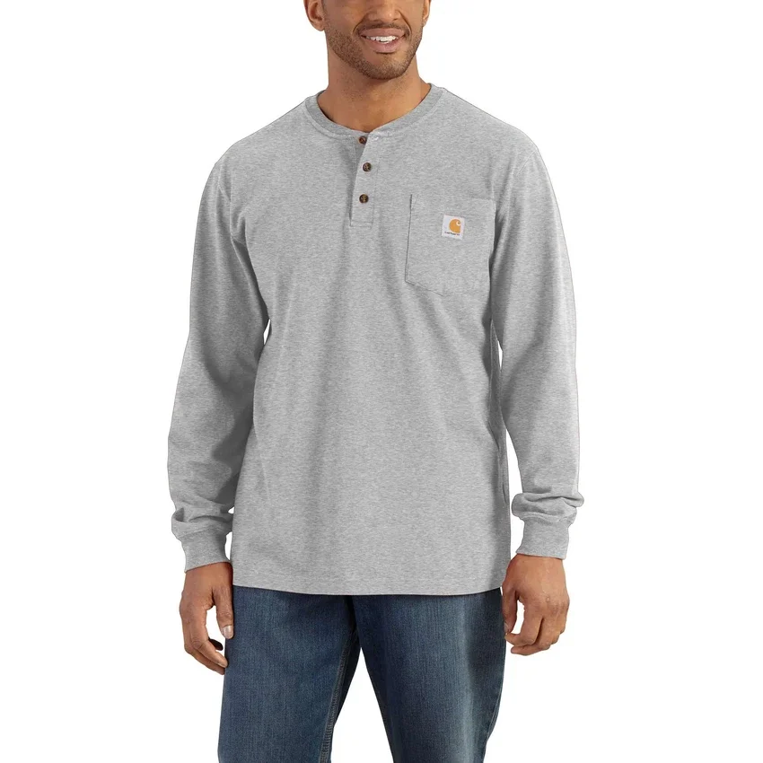 T-shirt masculina Dearborn de corte largo, tecido pesado, manguitos longos, estilo Henley com bolso