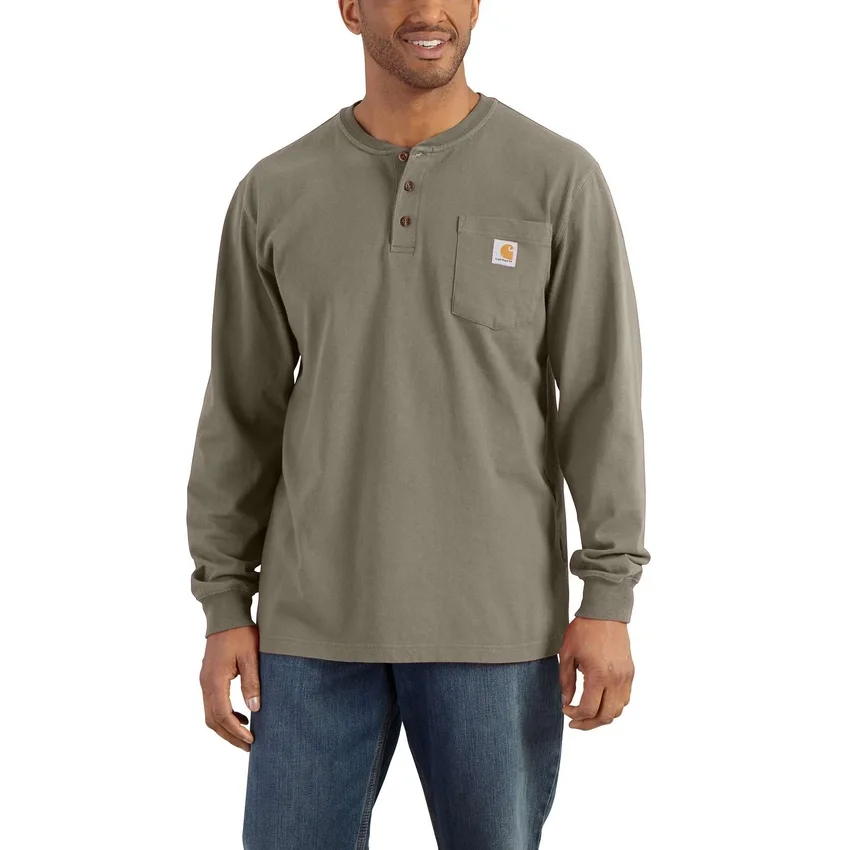 T-shirt masculina Dearborn de corte largo, tecido pesado, manguitos longos, estilo Henley com bolso