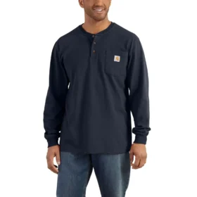 T-shirt masculina Dearborn de corte largo, tecido pesado, manguitos longos, estilo Henley com bolso