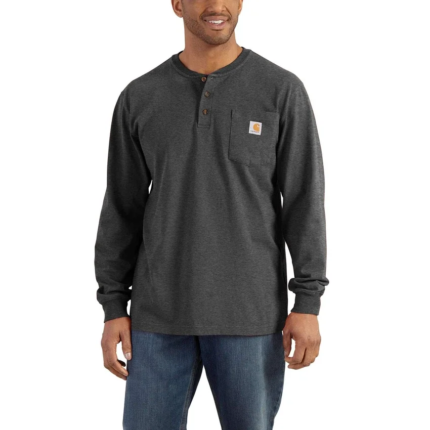 T-shirt masculina Dearborn de corte largo, tecido pesado, manguitos longos, estilo Henley com bolso