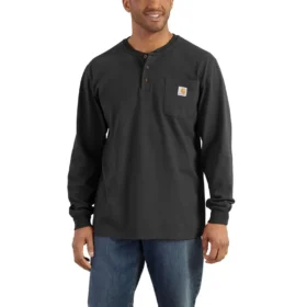 T-shirt masculina Dearborn de corte largo, tecido pesado, manguitos longos, estilo Henley com bolso